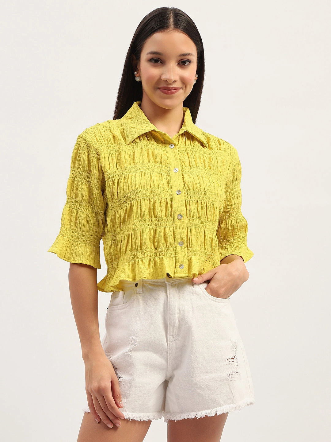 Madame Pleated Detailing Solid Lime Shirt Chic Ensemble Bold Statement