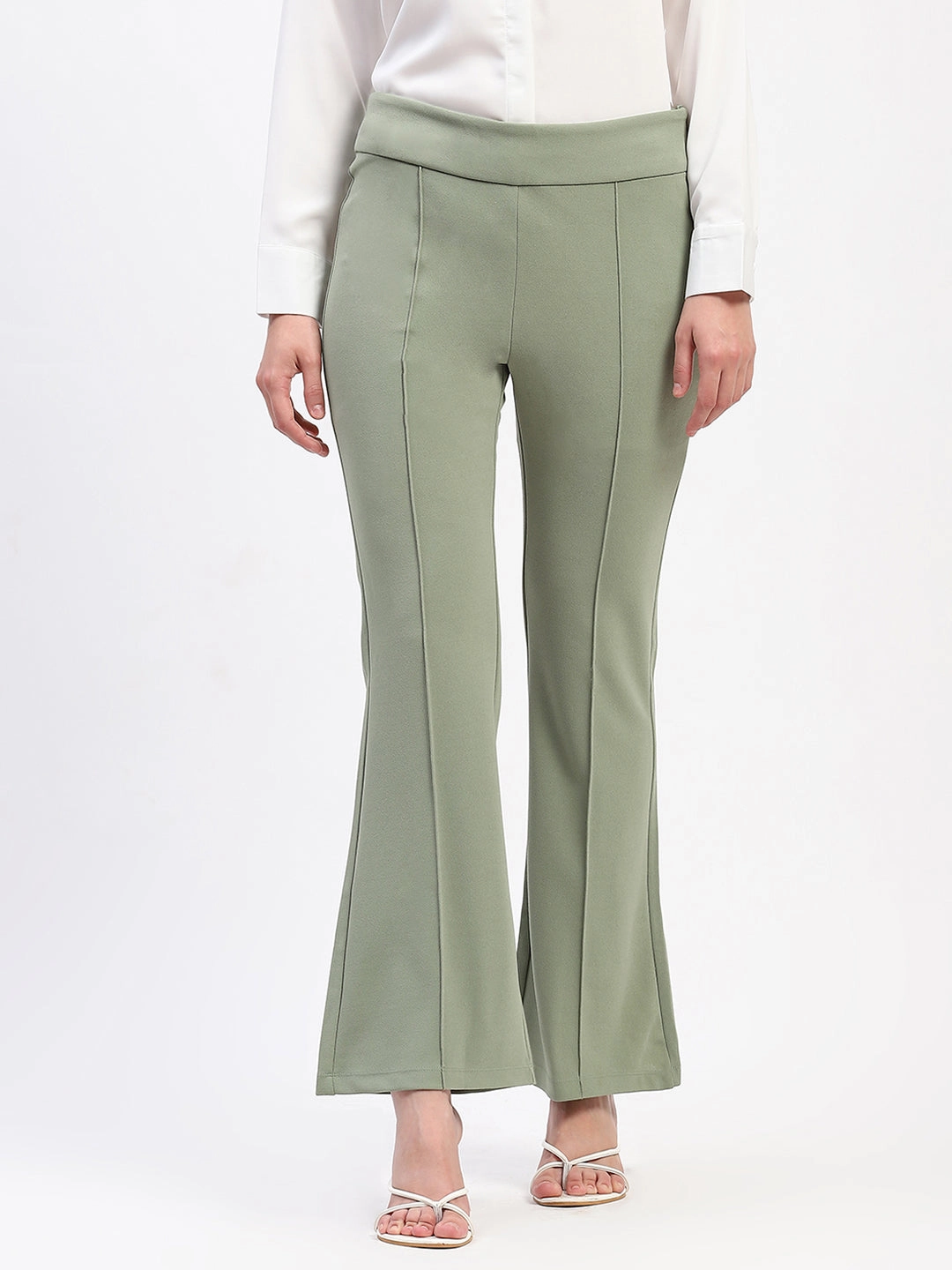 Madame Pleated Elasticated Waist Solid Mint Trousers Training Wear Seamless Technology