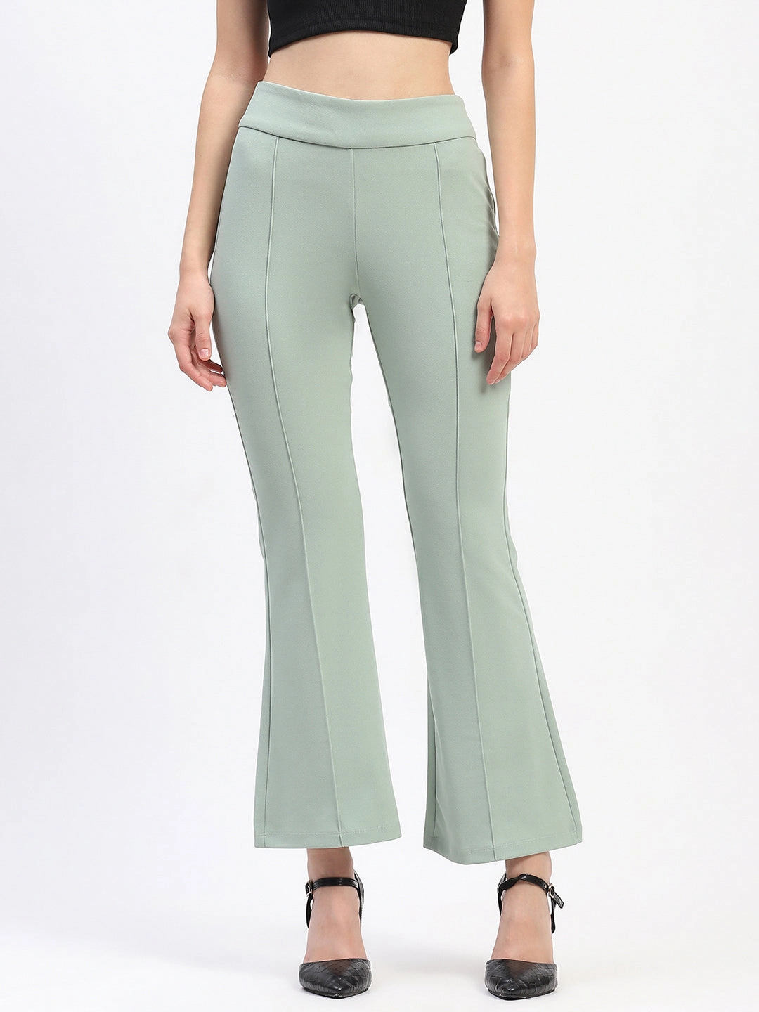 Madame Pleated Elasticated Waist Solid Moss Green Trousers Performance Fit