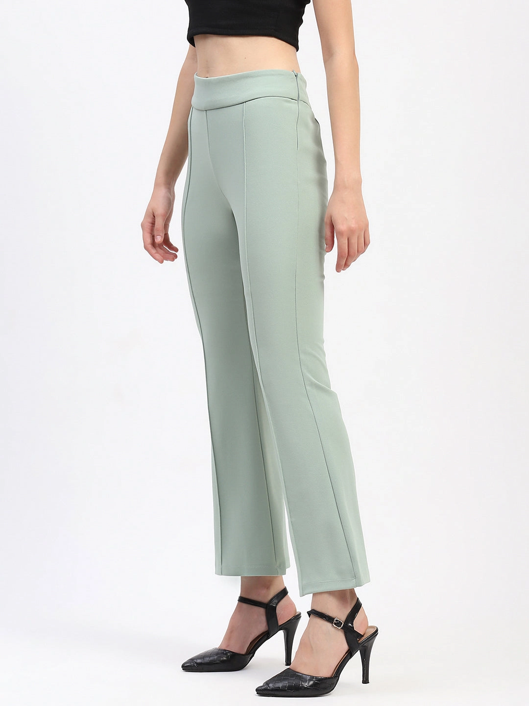 Madame Pleated Elasticated Waist Solid Moss Green Trousers Freedom Move