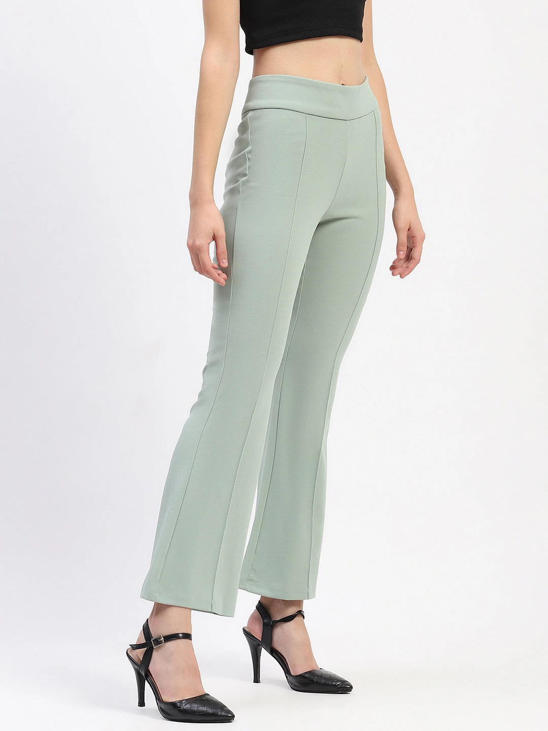 Madame Pleated Elasticated Waist Solid Moss Green Trousers QuickDryTechnology