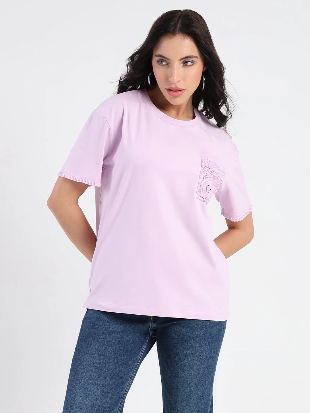 V neck style Contrast Inner Binding Madame Pocket Detailed Solid Mauve Cotton Blend T-shirt