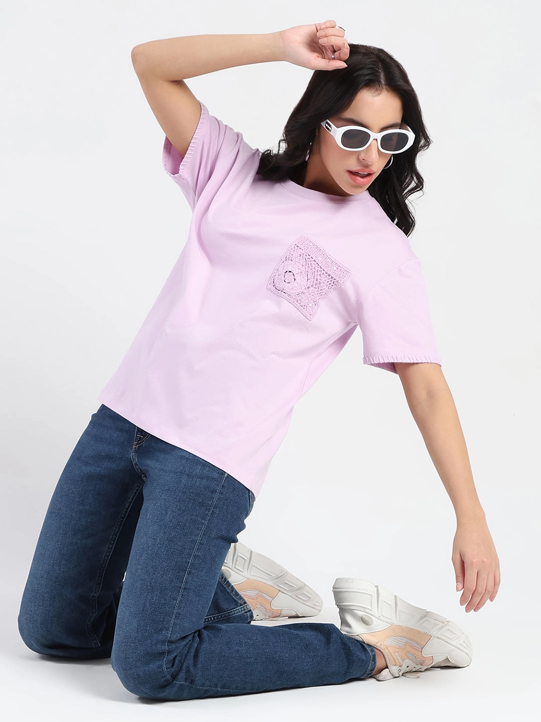 Madame Pocket Detailed Solid Mauve Cotton Blend T-shirt Buttery Soft Fabric