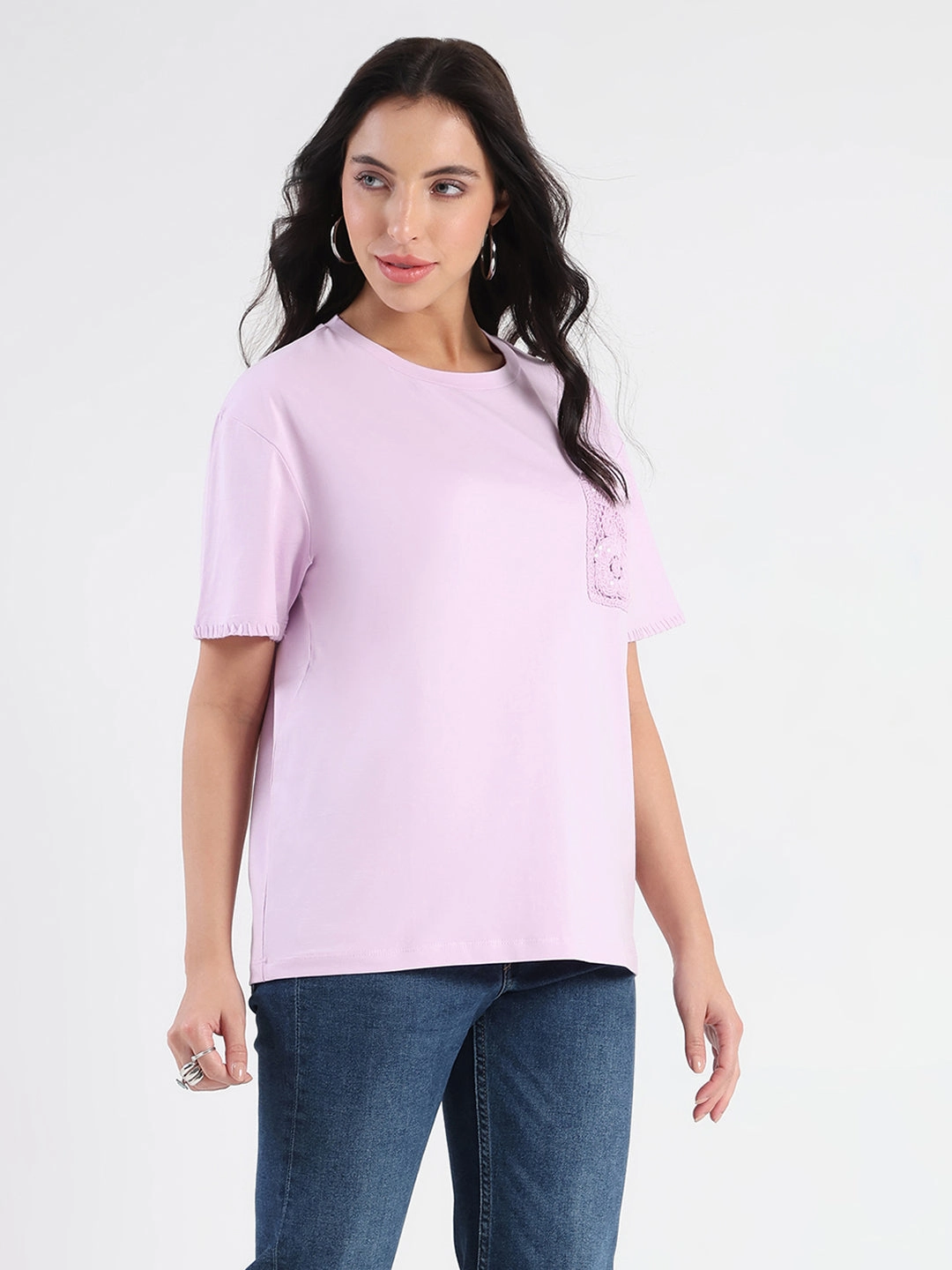 Relaxed Waistband Madame Pocket Detailed Solid Mauve Cotton Blend T-shirt