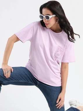 sale season Madame Pocket Detailed Solid Mauve Cotton Blend T-shirt