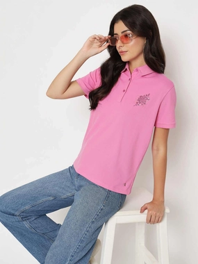 Madame Print Adorned Cotton Blend Pink  Polo T-shirt Light Fit Wear