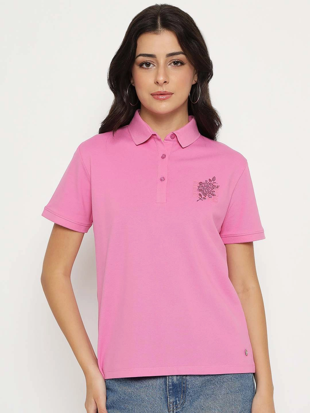 Layer Ready Madame Print Adorned Cotton Blend Pink  Polo T-shirt