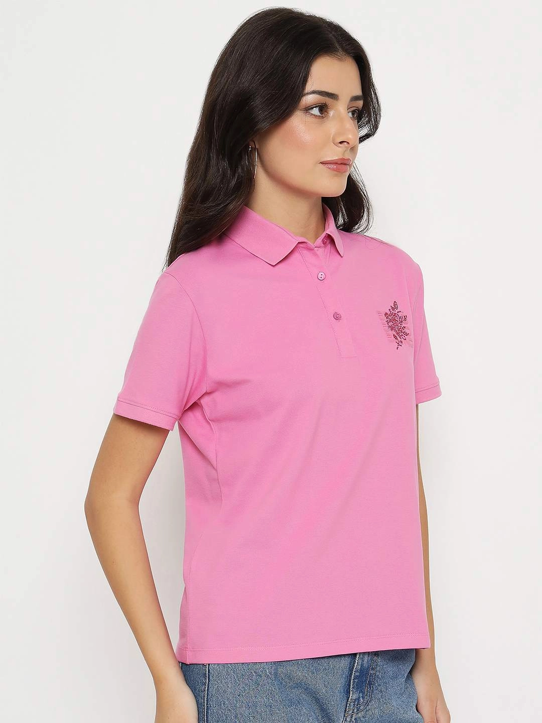 Madame Print Adorned Cotton Blend Pink  Polo T-shirt Summer Comfort