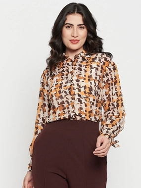 Madame Printed Beige Shirt With Cuff Sleeves Chill Fit