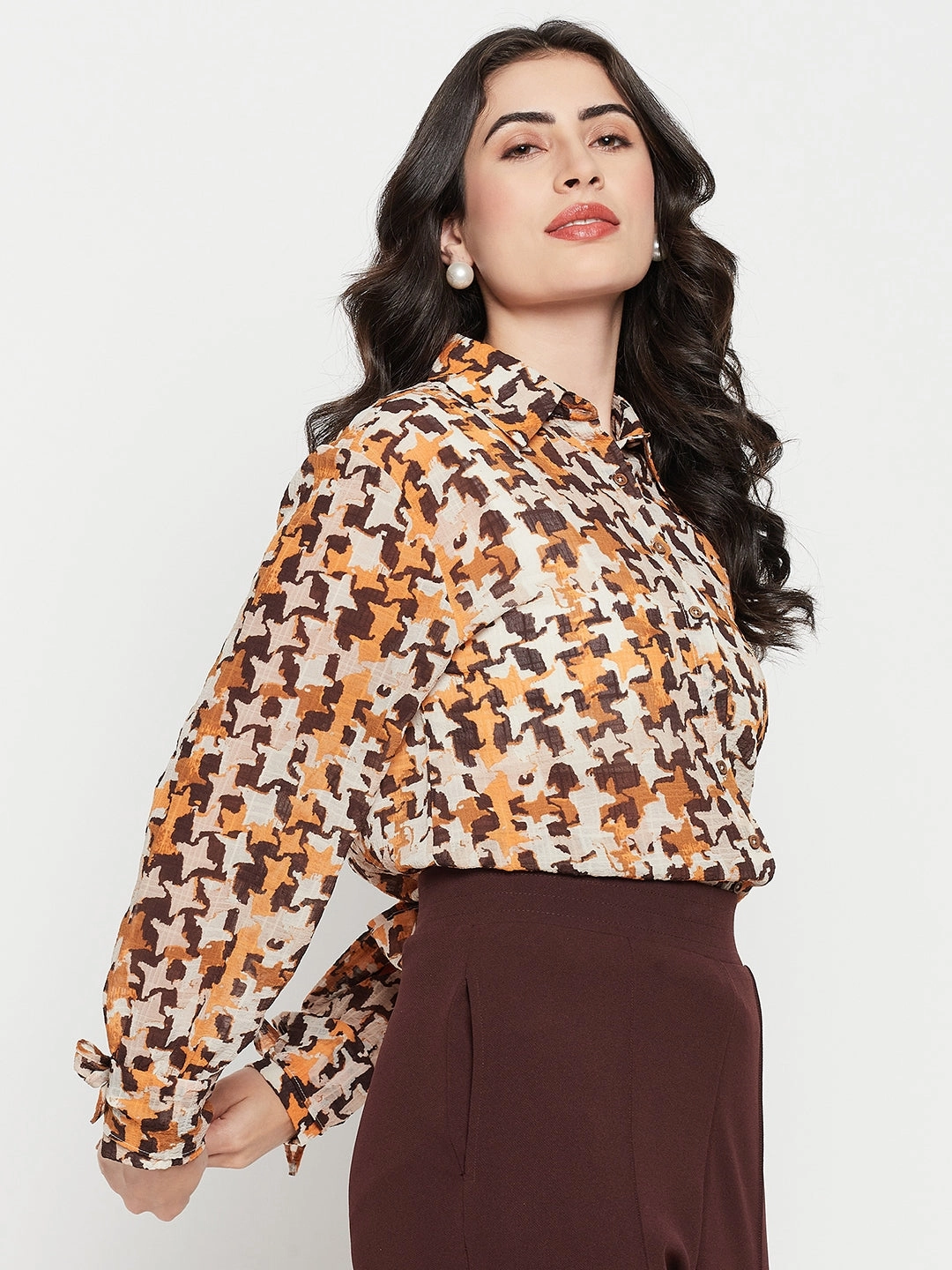 Madame Printed Beige Shirt With Cuff Sleeves Trendy Comfort