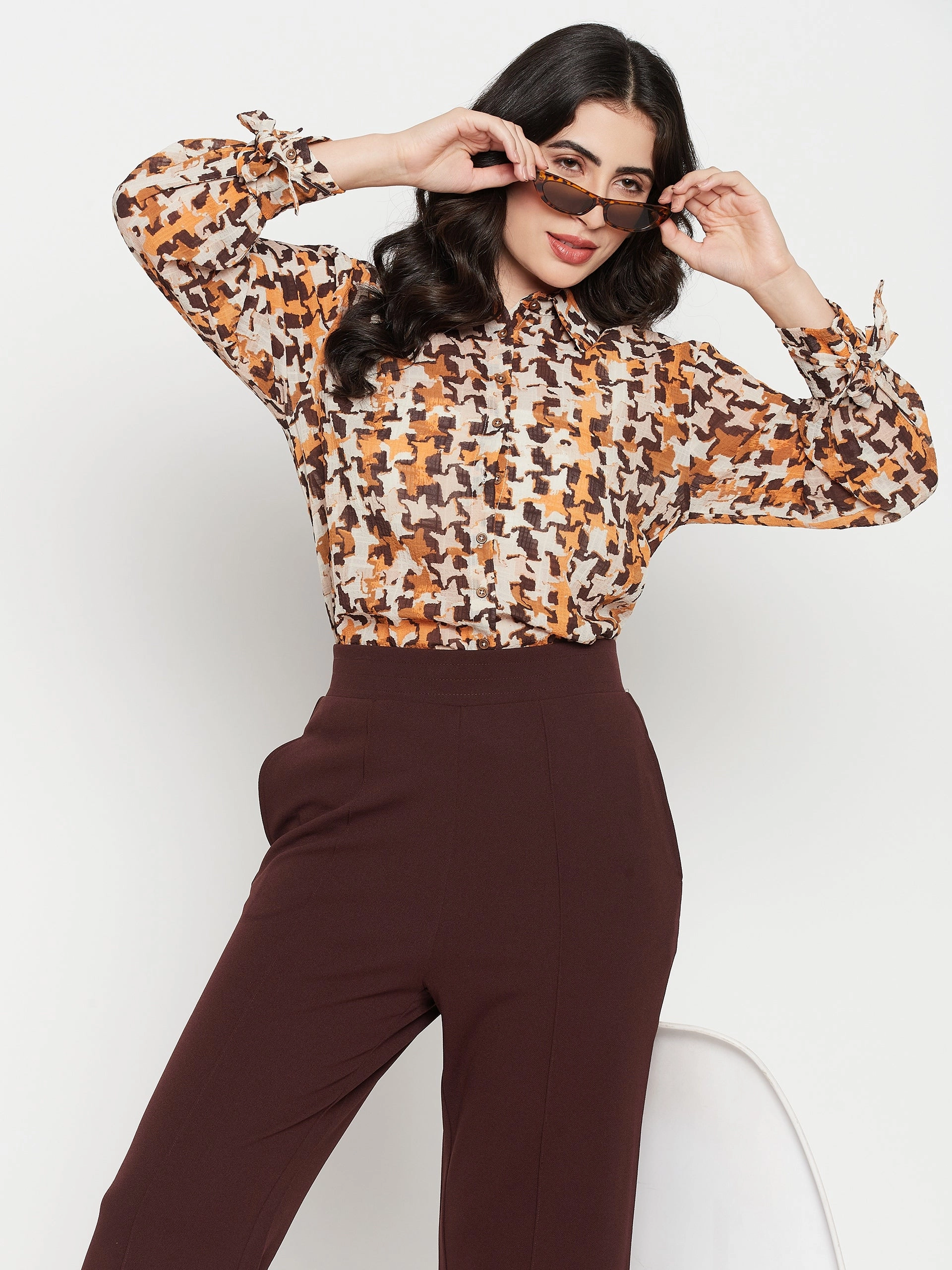 Madame Printed Beige Shirt With Cuff Sleeves Vibrant Colors