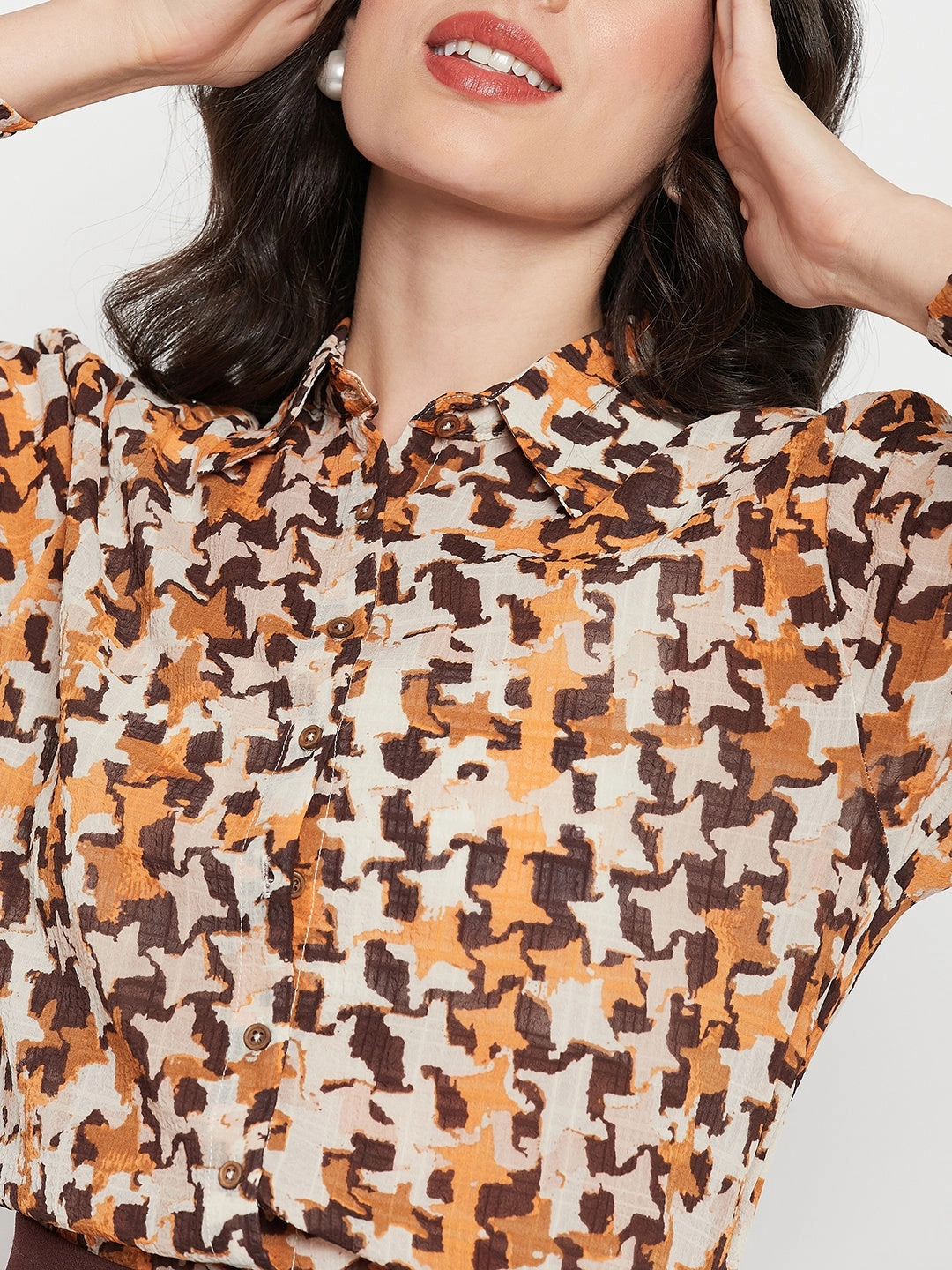 Madame Printed Beige Shirt With Cuff Sleeves Reinforced Collar Fashionable Layer