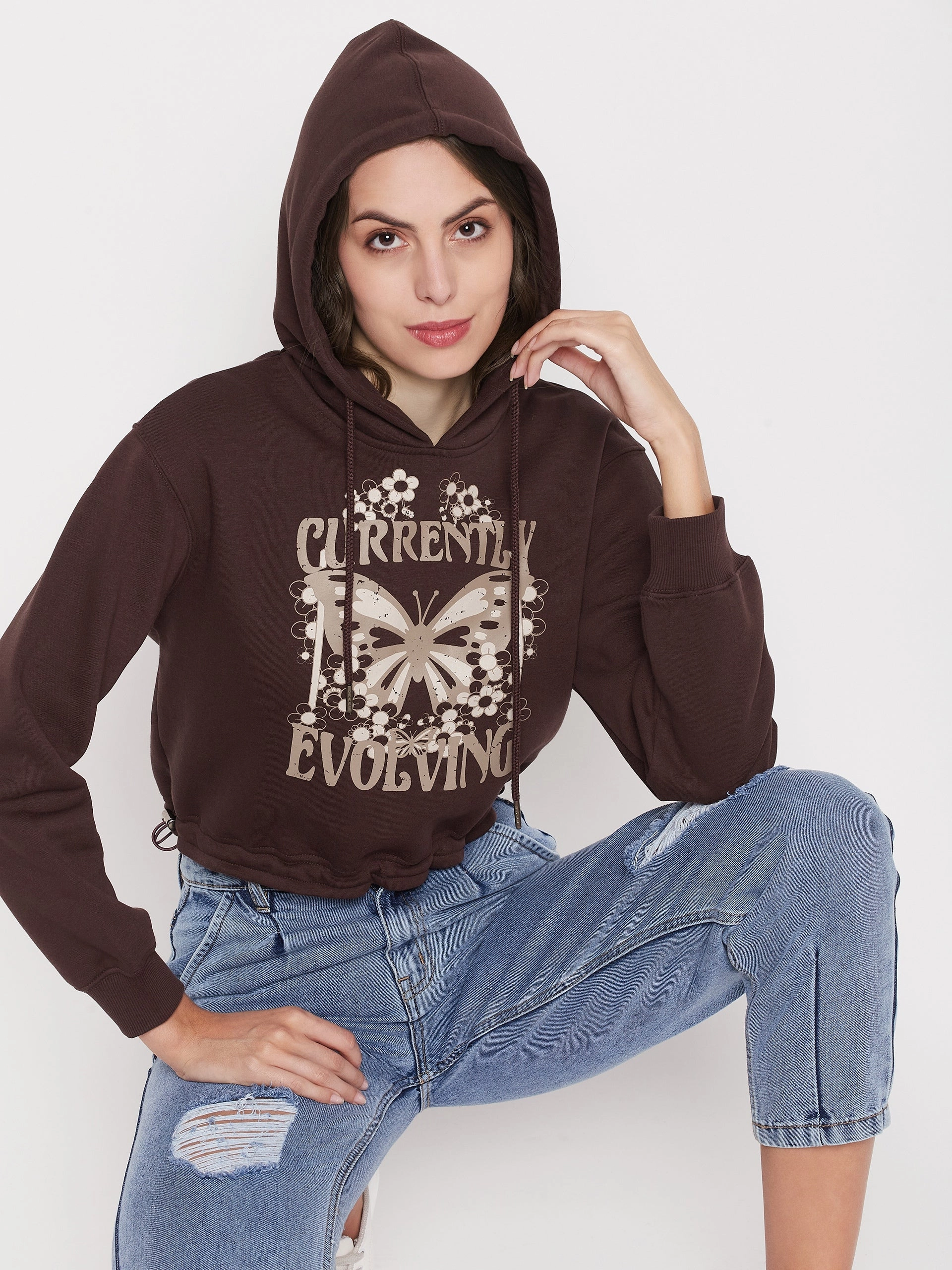 Madame Printed Coffee Brown Crop Sweatshirt Hiking Essential Comfy Hoodies