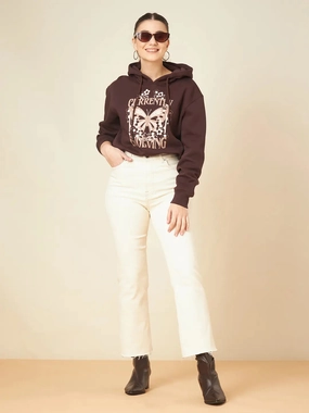 quick dry Warm Comfort Madame Printed Coffee Brown Crop Sweatshirt