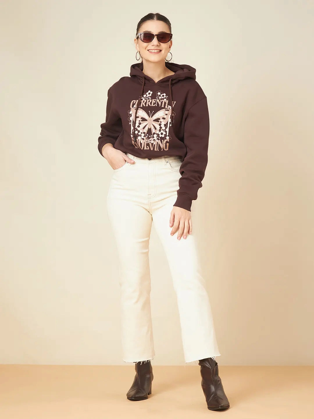 quick dry Warm Comfort Madame Printed Coffee Brown Crop Sweatshirt