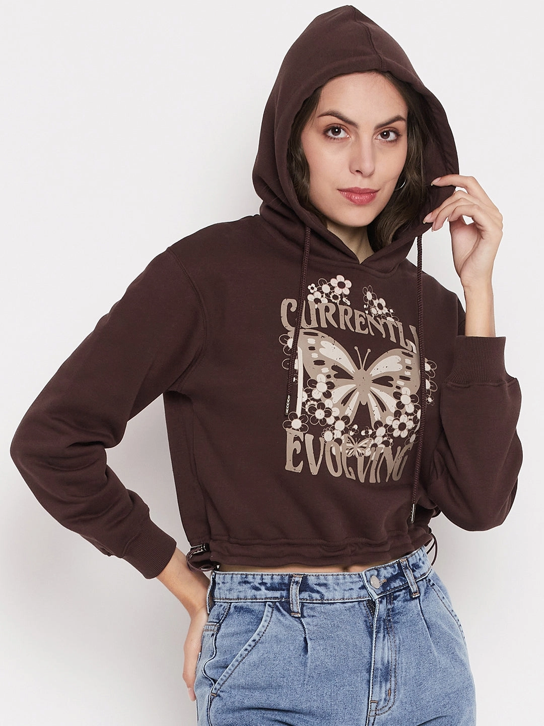 Easy to store Light Color Madame Printed Coffee Brown Crop Sweatshirt