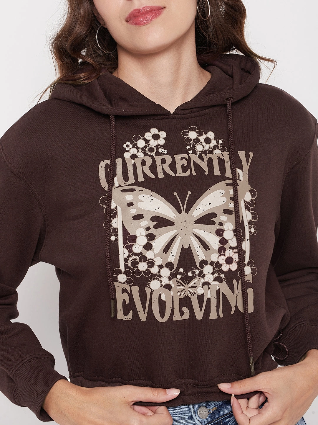 Madame Printed Coffee Brown Crop Sweatshirt Core Sporty