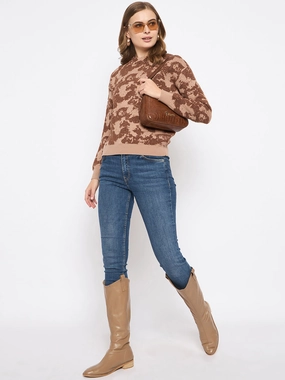 Madame Printed Crew Neck Tan Sweater Comfy Performance Fit Flexible Movement