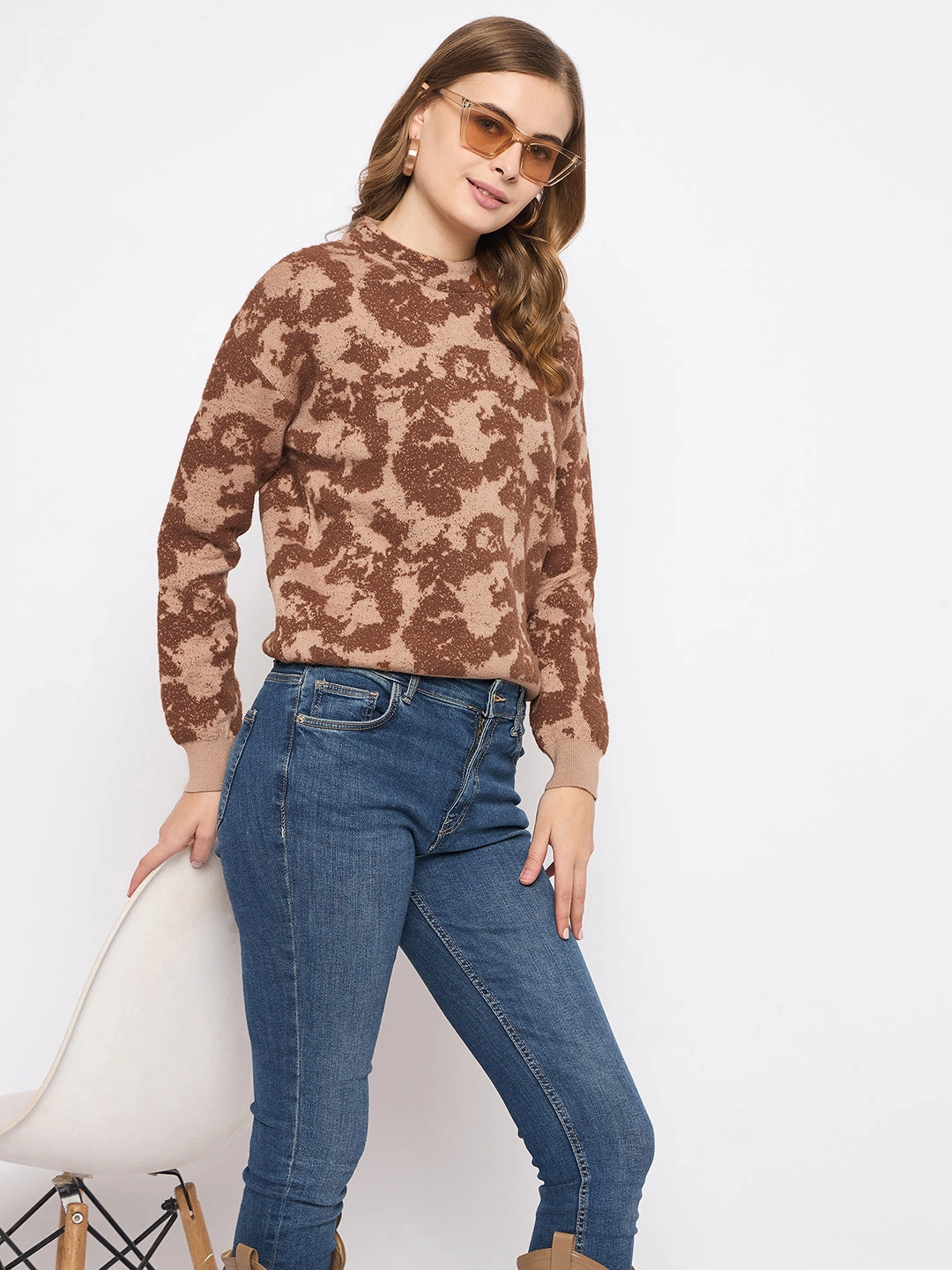 Madame Printed Crew Neck Tan Sweater Sophisticated Style Trendy Layering