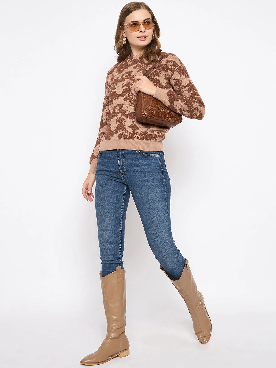 Madame Printed Crew Neck Tan Sweater Comfy Performance Fit Flexible Movement
