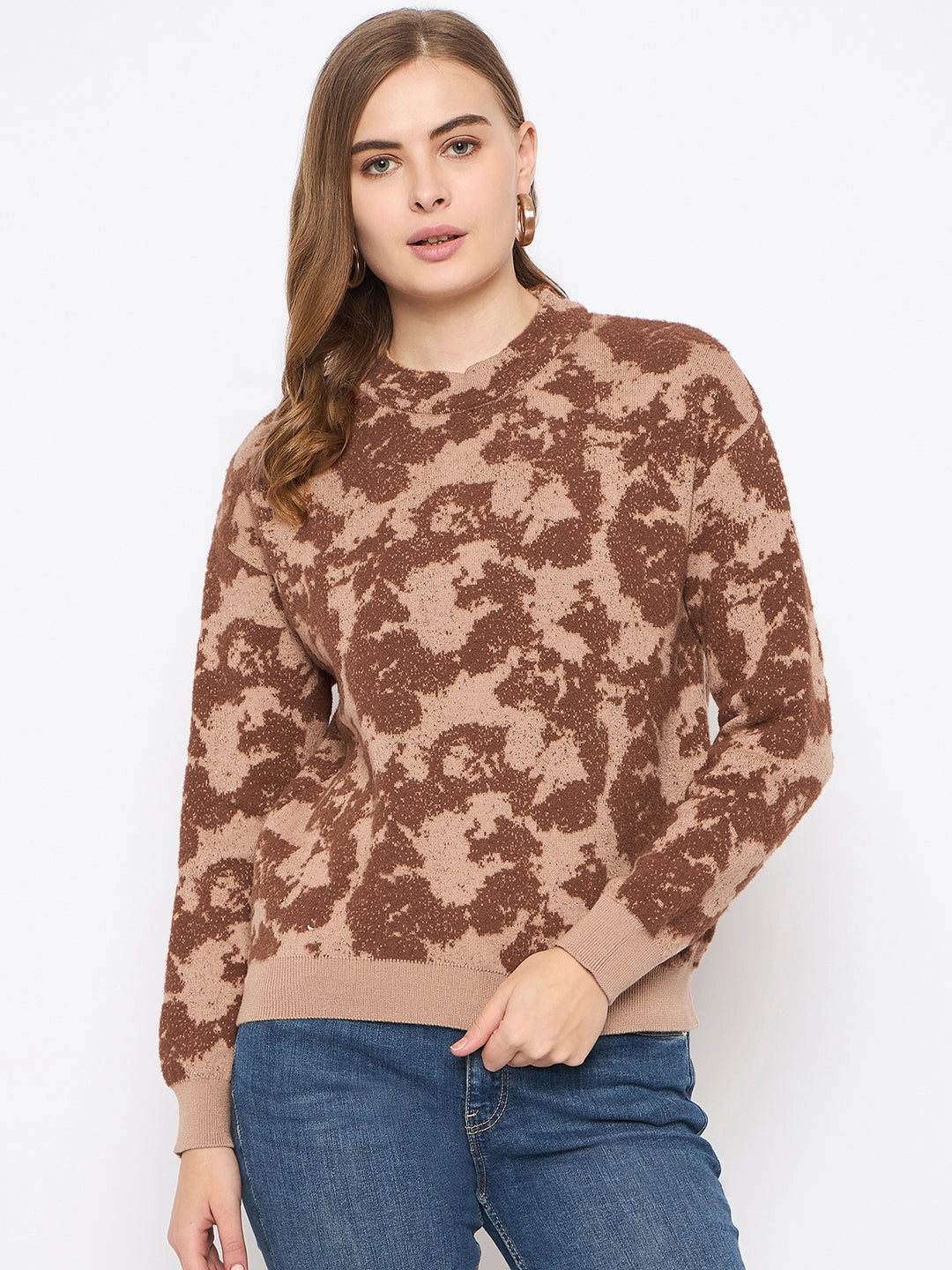 Cozy Knit Style Madame Printed Crew Neck Tan Sweater