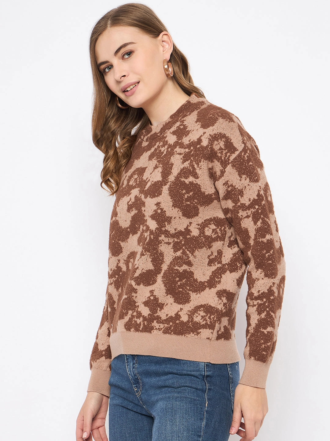 Layering Piece Madame Printed Crew Neck Tan Sweater