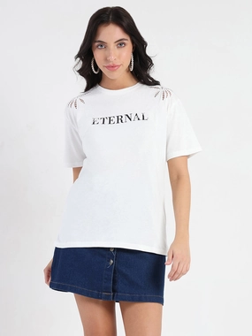 Relaxed Torso Fit Fashion Layering Madame Printed Embroidery Cutwork White Crop T-shirt