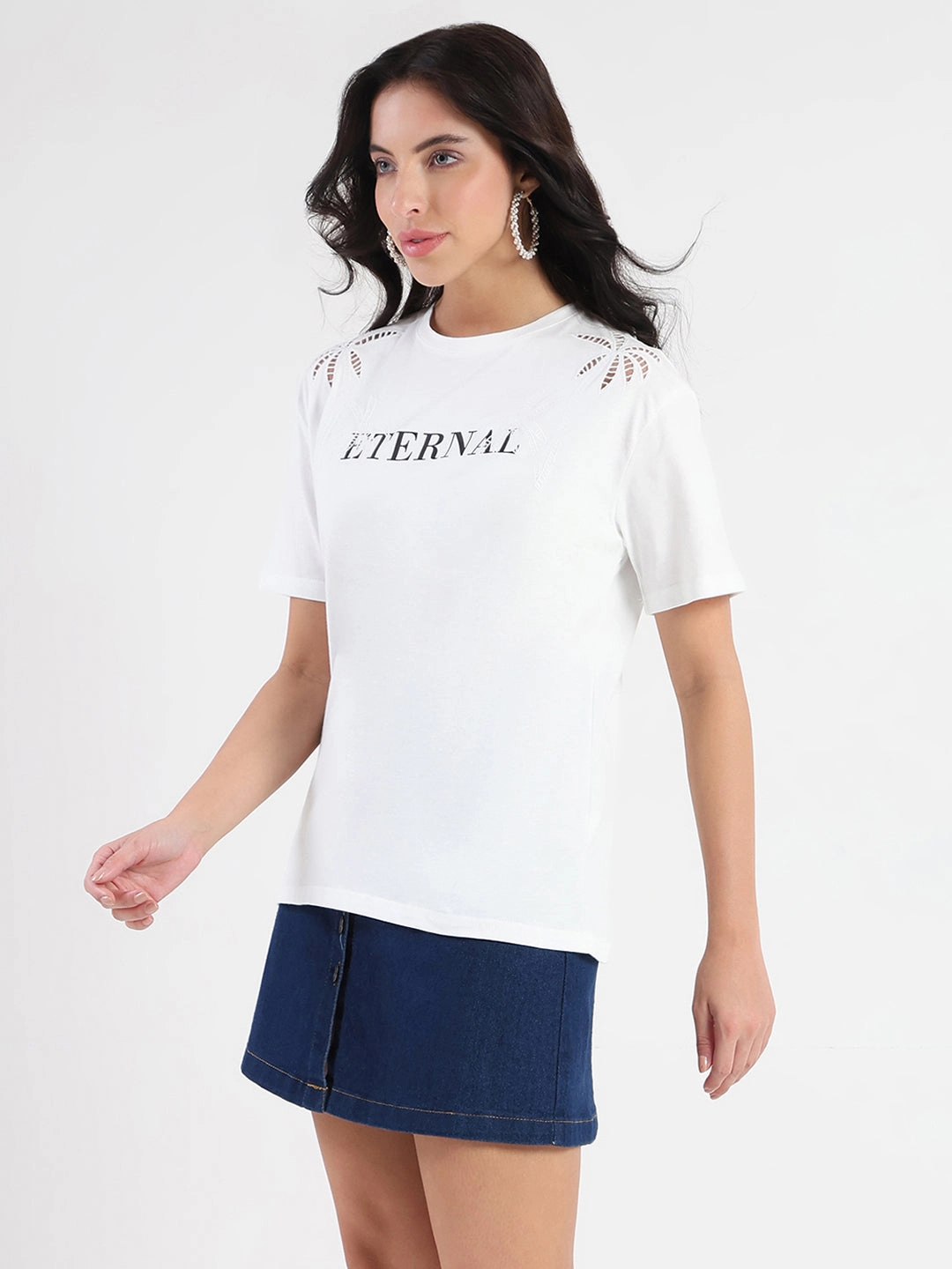 Casual layering piece Anti microbial coating Madame Printed Embroidery Cutwork White Crop T-shirt