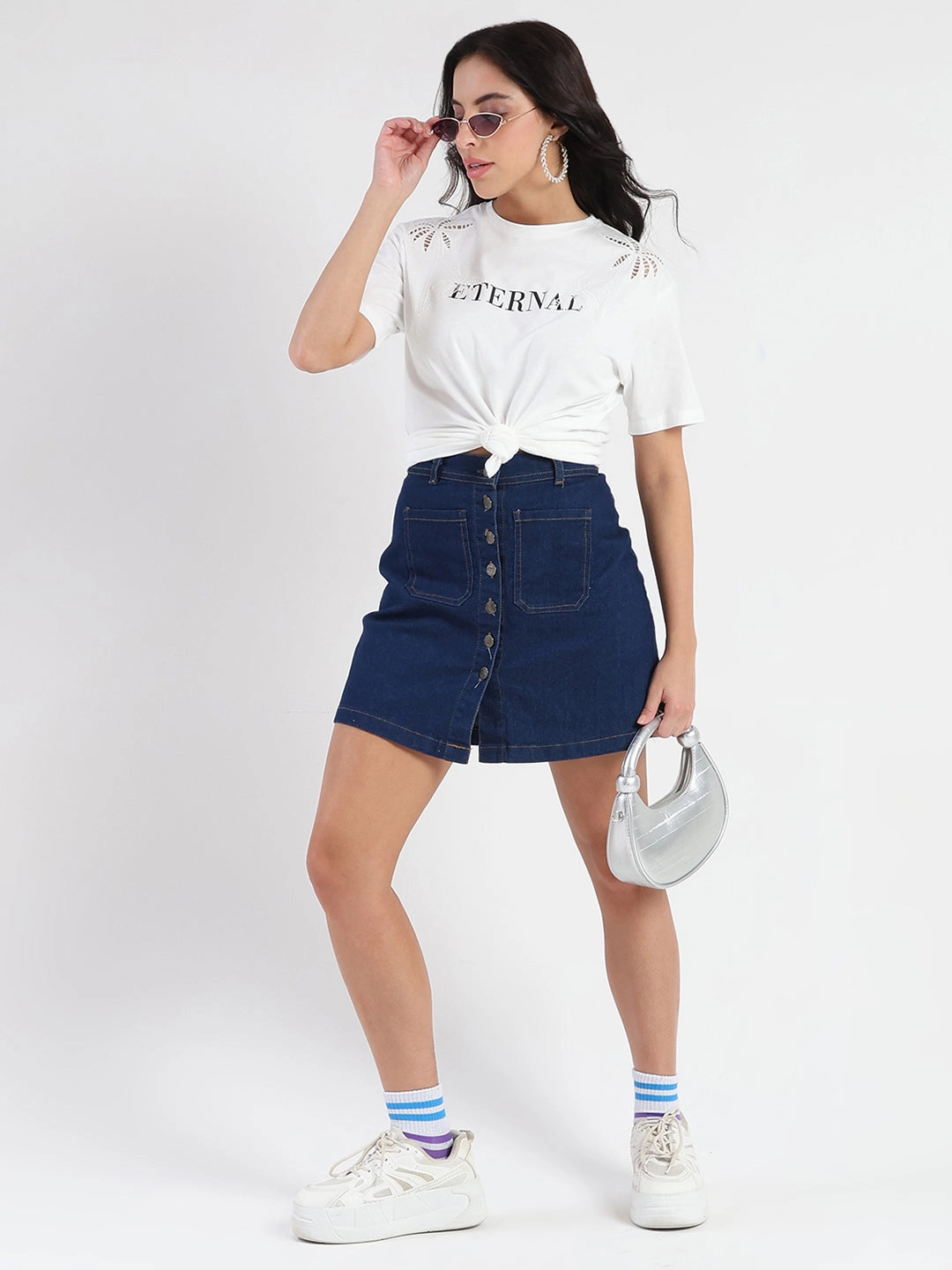 Madame Printed Embroidery Cutwork White Crop T-shirt All-day Comfort Timeless Look Wear
