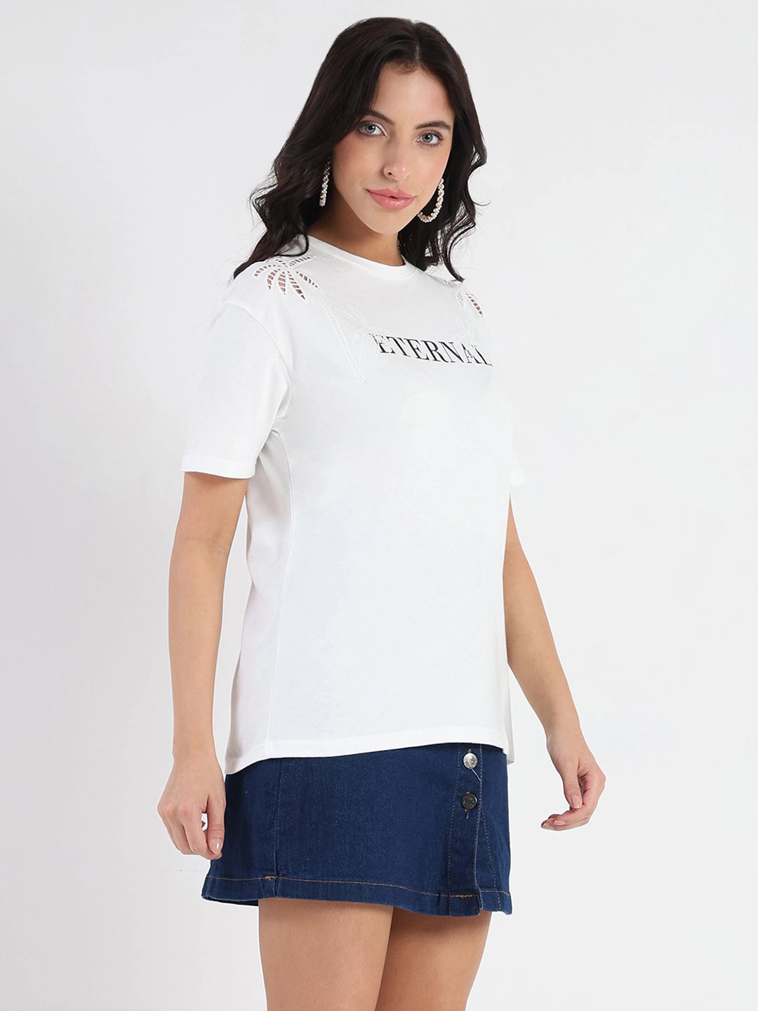 Madame Printed Embroidery Cutwork White Crop T-shirt Roomy Design Casual Vibes