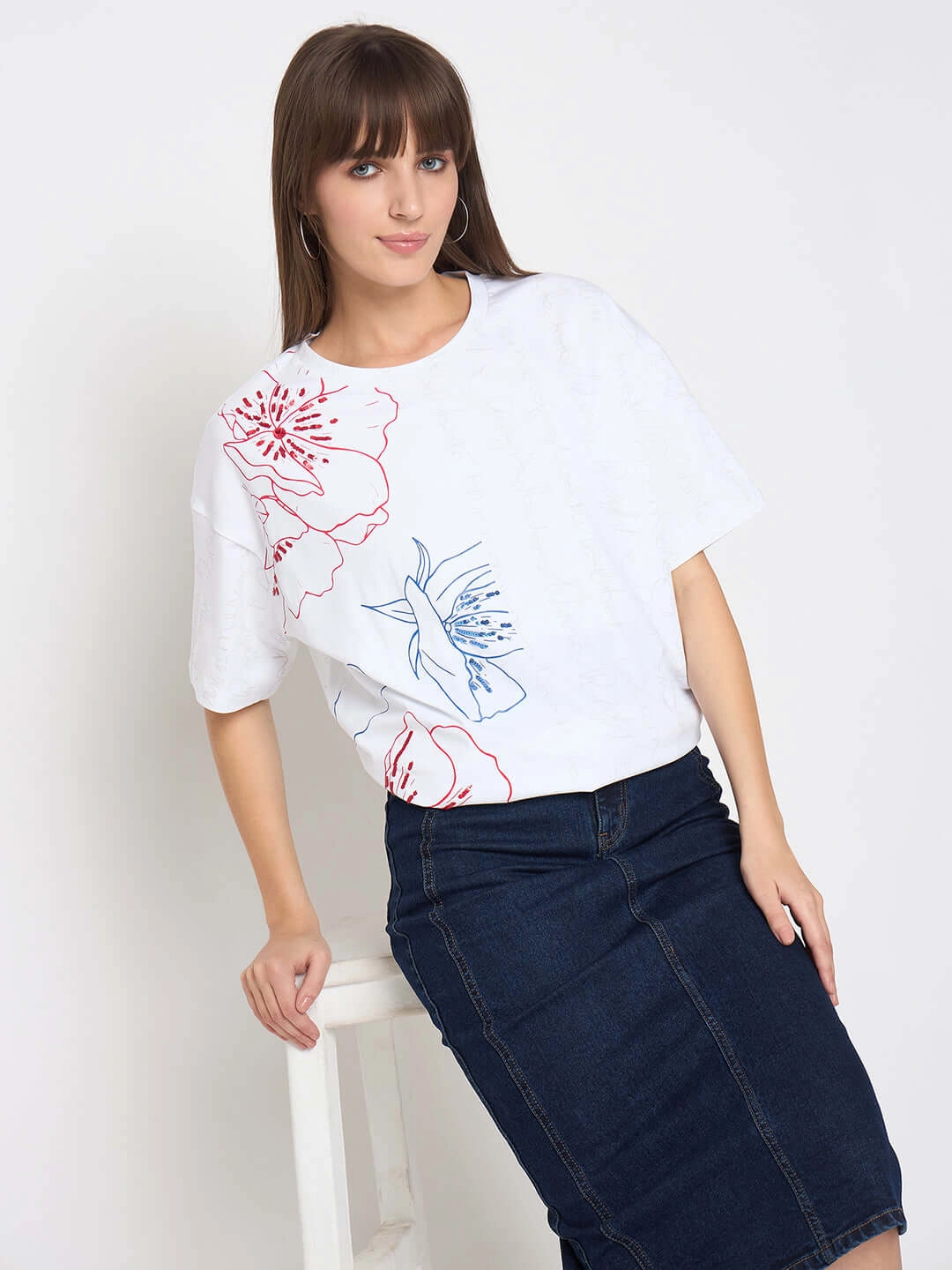 Madame Printed Handwork Detail White Sinker T-shirt Effortless Wear Fit