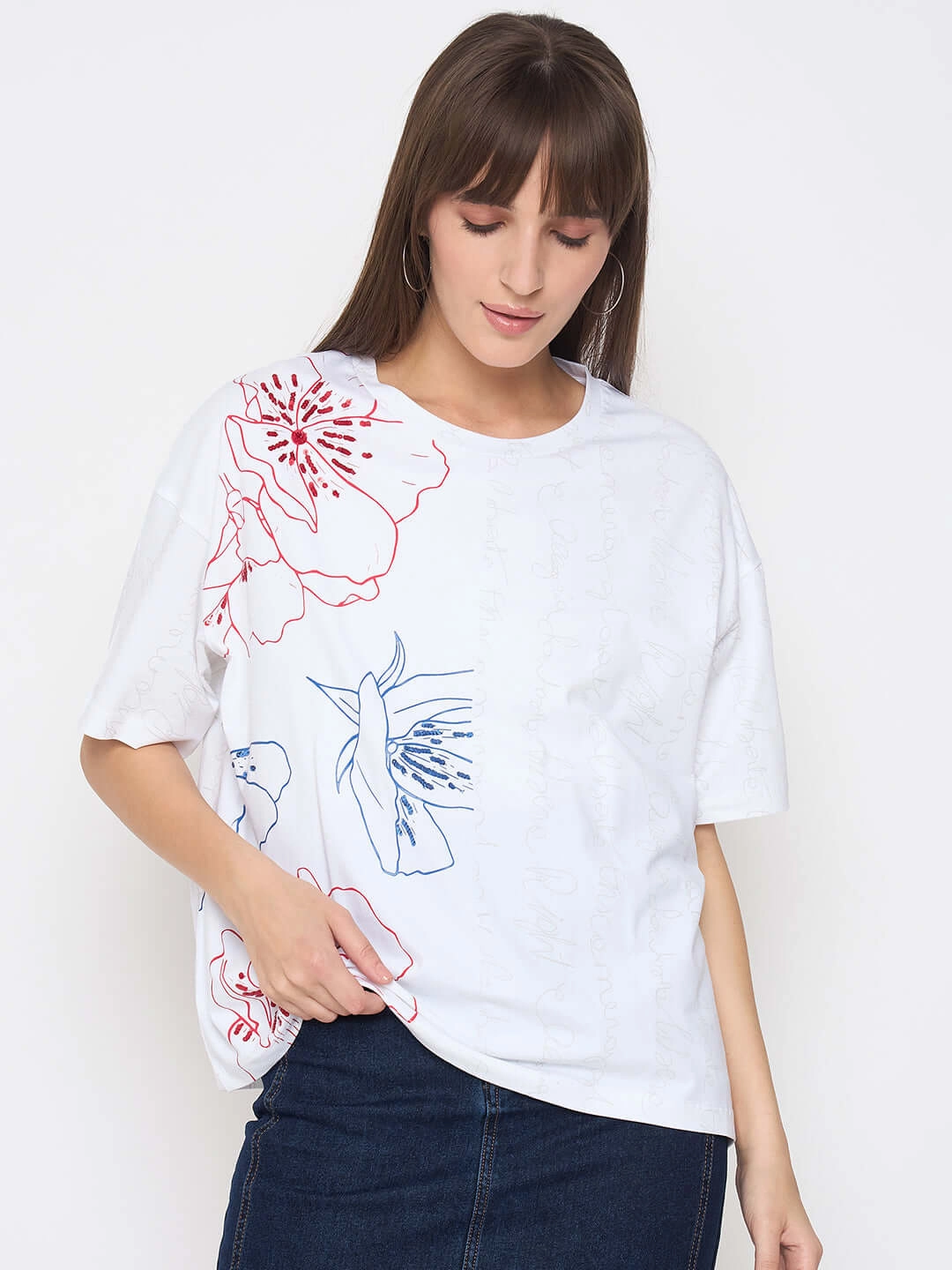 Madame Printed Handwork Detail White Sinker T-shirt Recycled Polyester Thread coordinate with other items