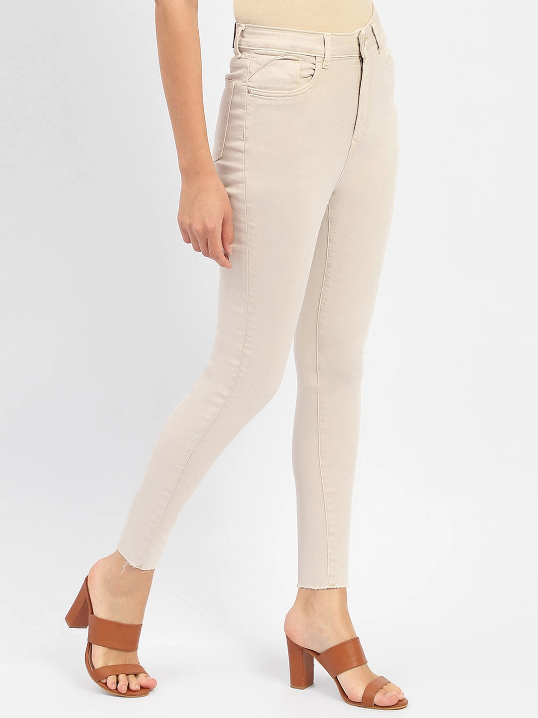 Madame Raw Hem Beige High Rise Skinny Fit Jeans Unfaded Hemline All Day Use