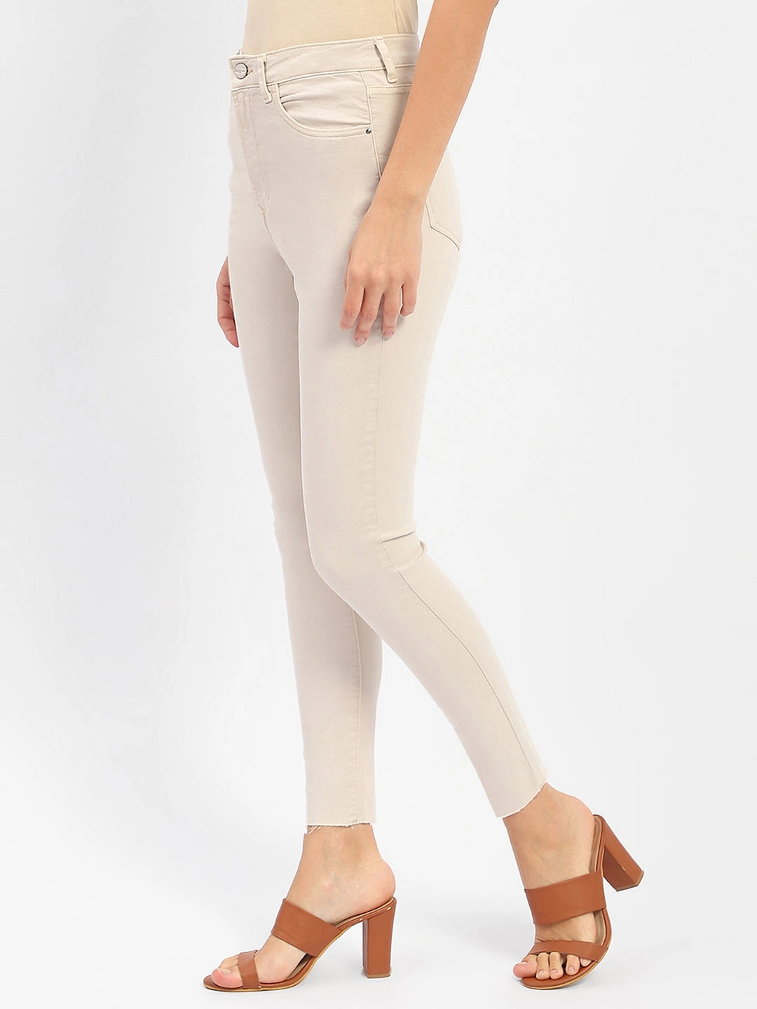 Smooth Breathable Madame Raw Hem Beige High Rise Skinny Fit Jeans