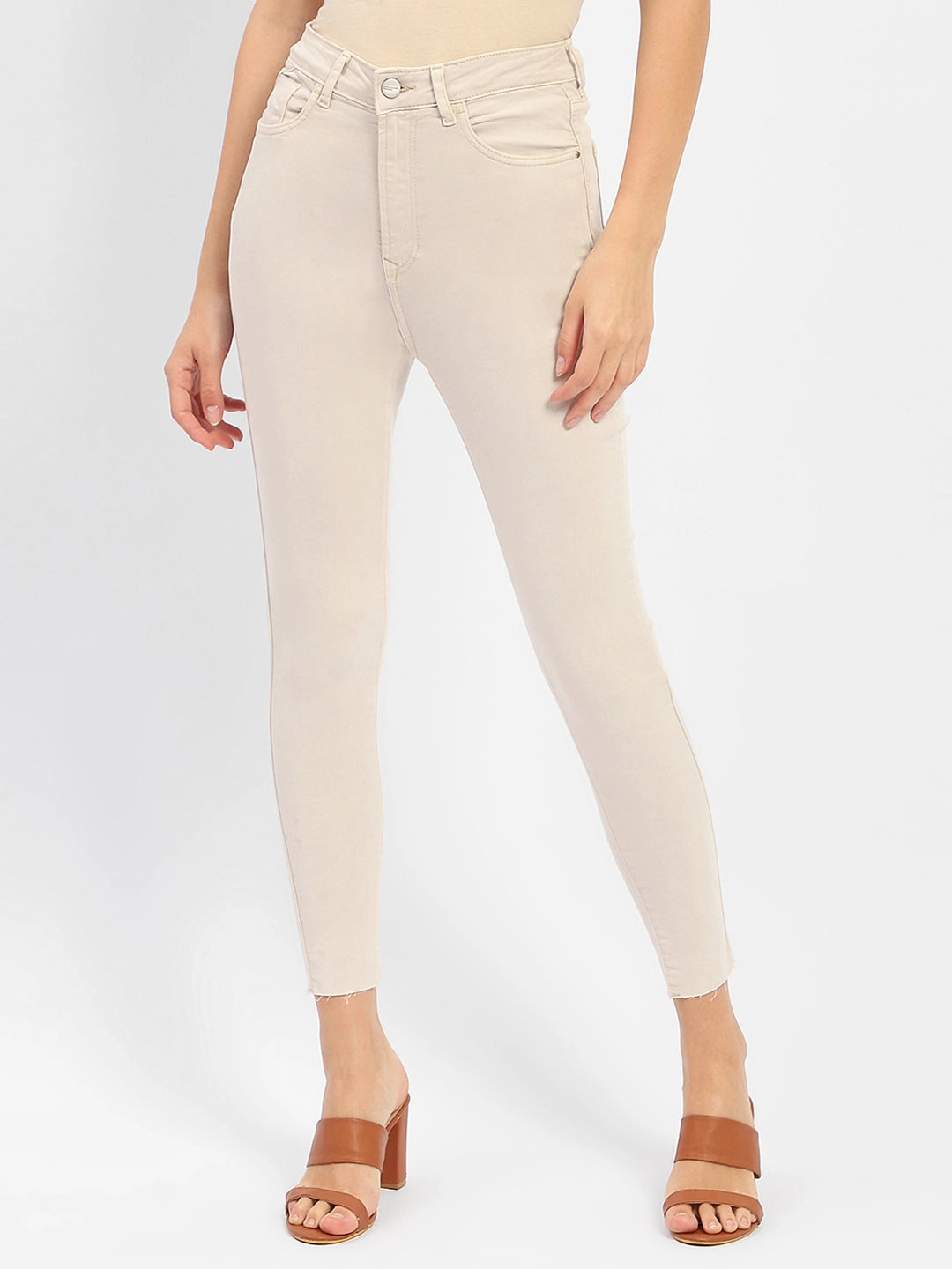 Madame Raw Hem Beige High Rise Skinny Fit Jeans Everyday Confidence