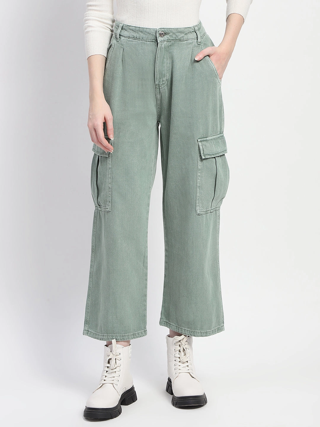 Madame Relax Fit Green Cargo Pants Utility Pockets