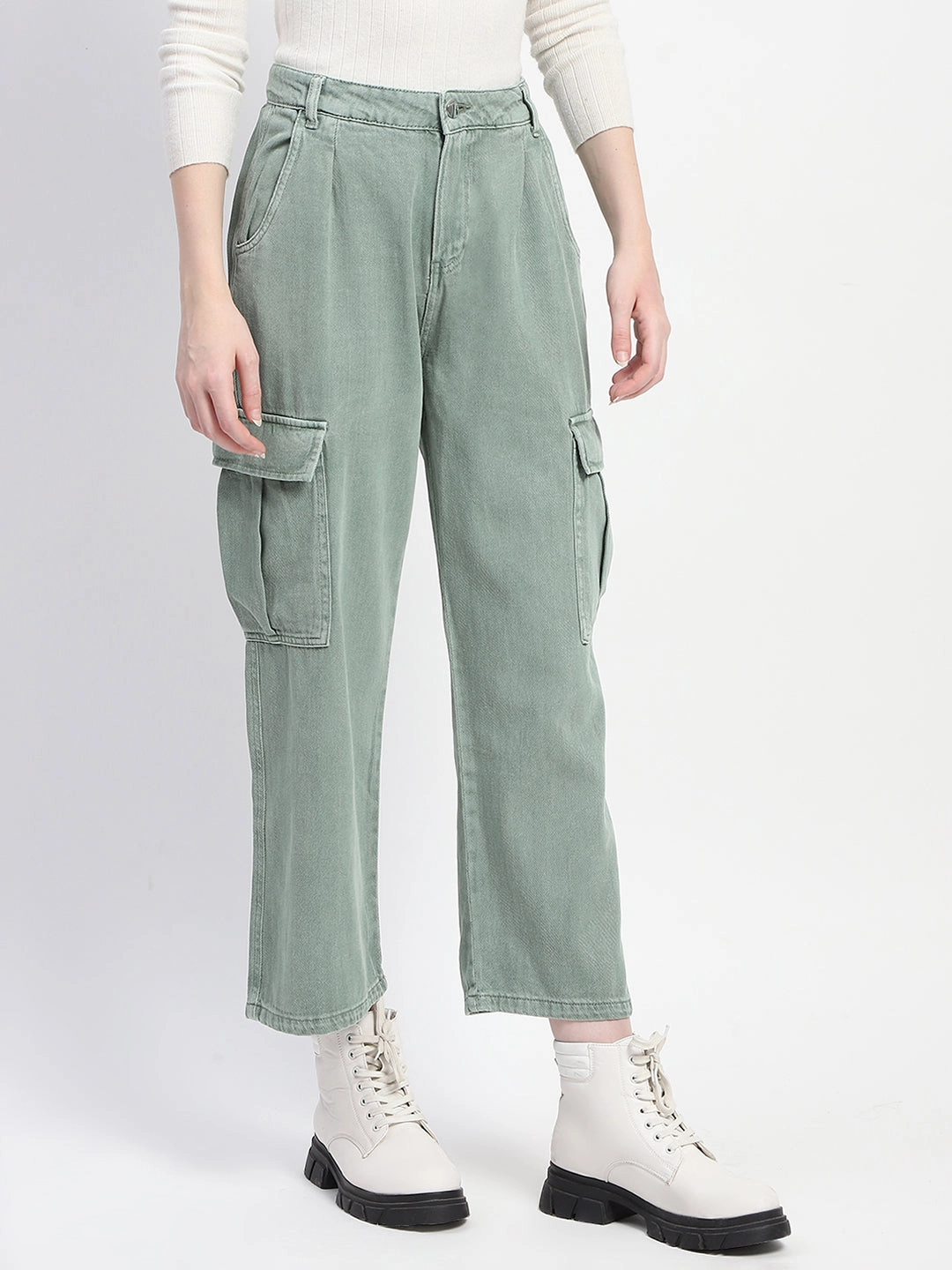 Madame Relax Fit Green Cargo Pants Stylish Cut Comfortable Fit Wear