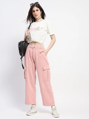 Bold Waistband Corduroy texture Madame Relax Fit Pink Cargo Pants
