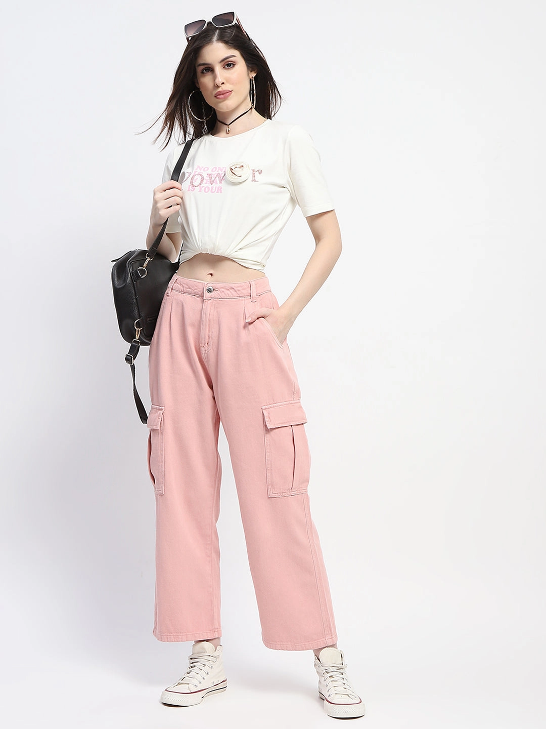 Bold Waistband Corduroy texture Madame Relax Fit Pink Cargo Pants