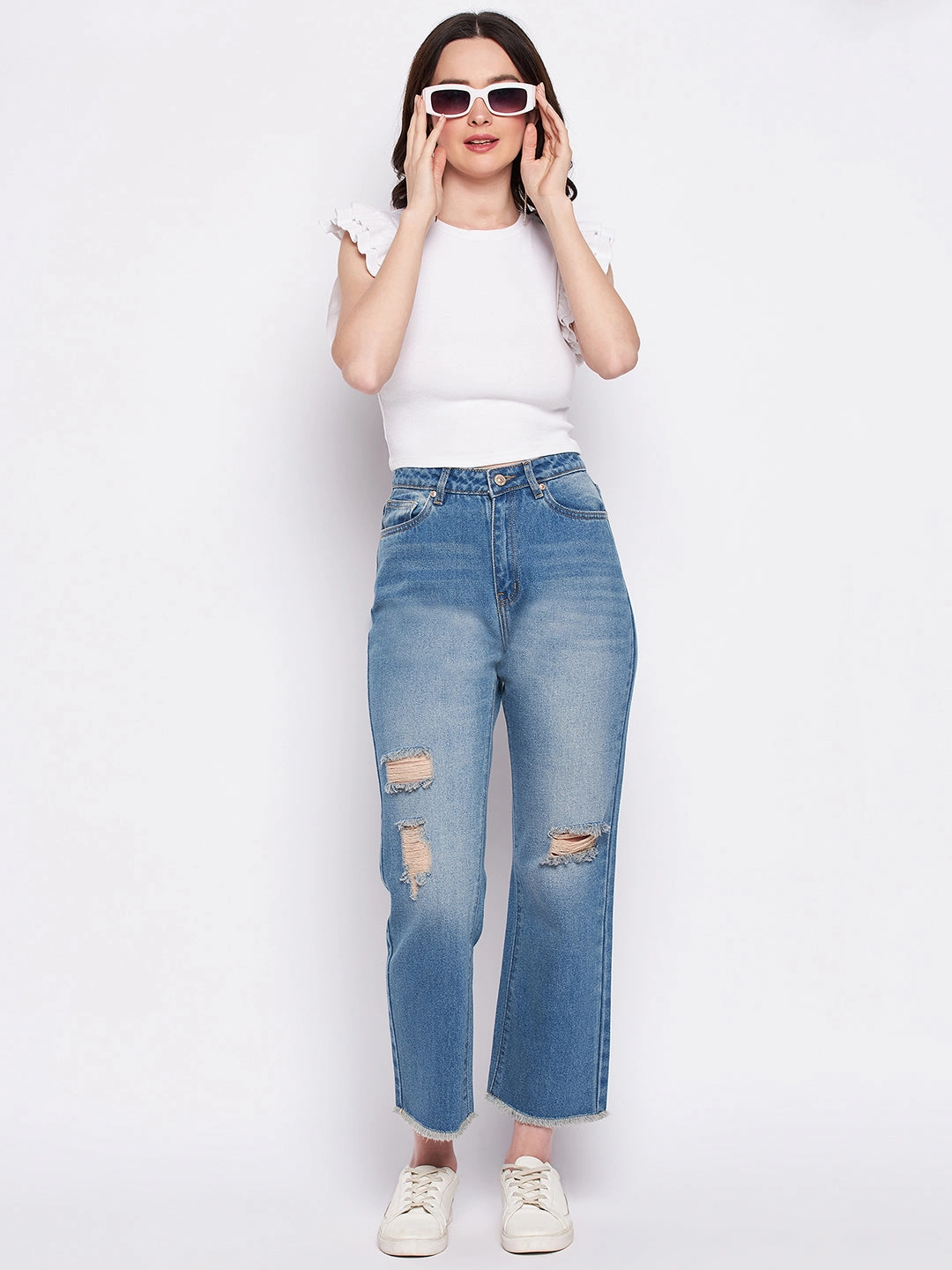 Spring Mood Smooth Work Meeting Style Appropriate Madame Ripped Mi-Rise Double Wash Flared Jeans