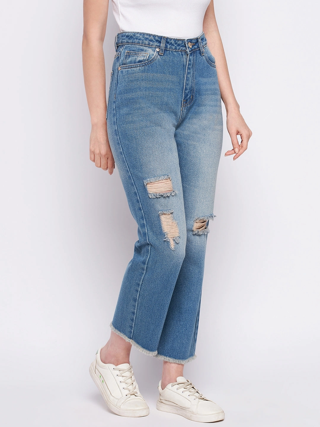 Fashion Lover Classic Wear Modern Minimalist Comfy Silhouette Madame Ripped Mi-Rise Double Wash Flared Jeans