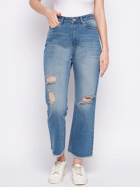 Madame Ripped Mi-Rise Double Wash Flared Jeans Versatile Design City Walk Smooth