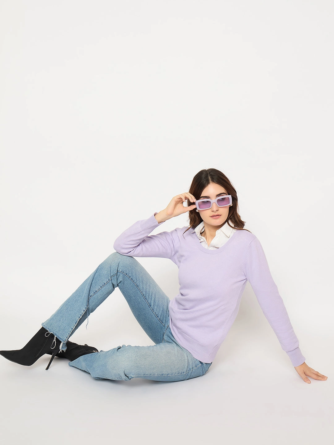 Madame Round Neck Ribbed Cuff Mauve Sweater Breathable fabric