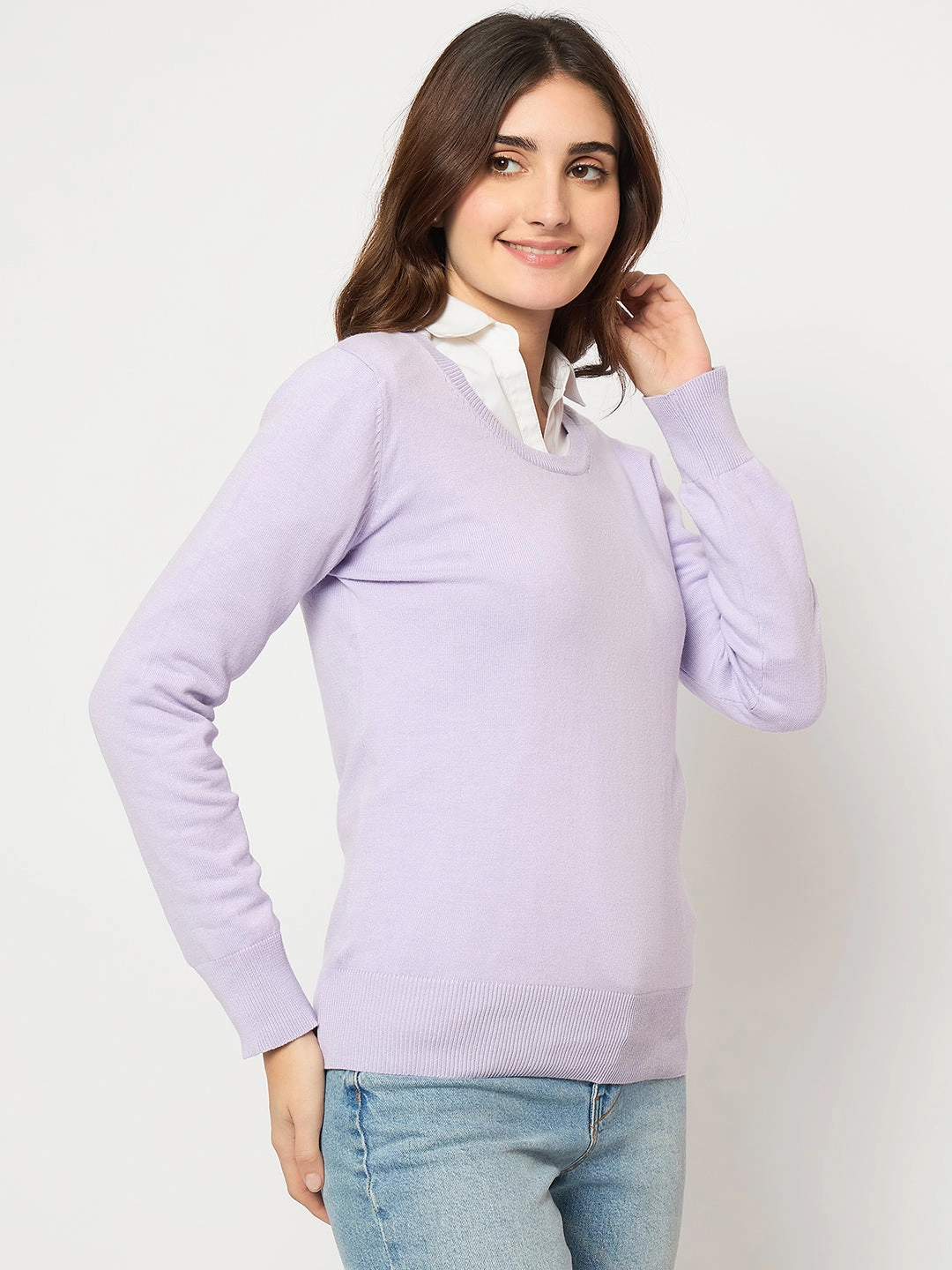 Relaxed Layers Madame Round Neck Ribbed Cuff Mauve Sweater