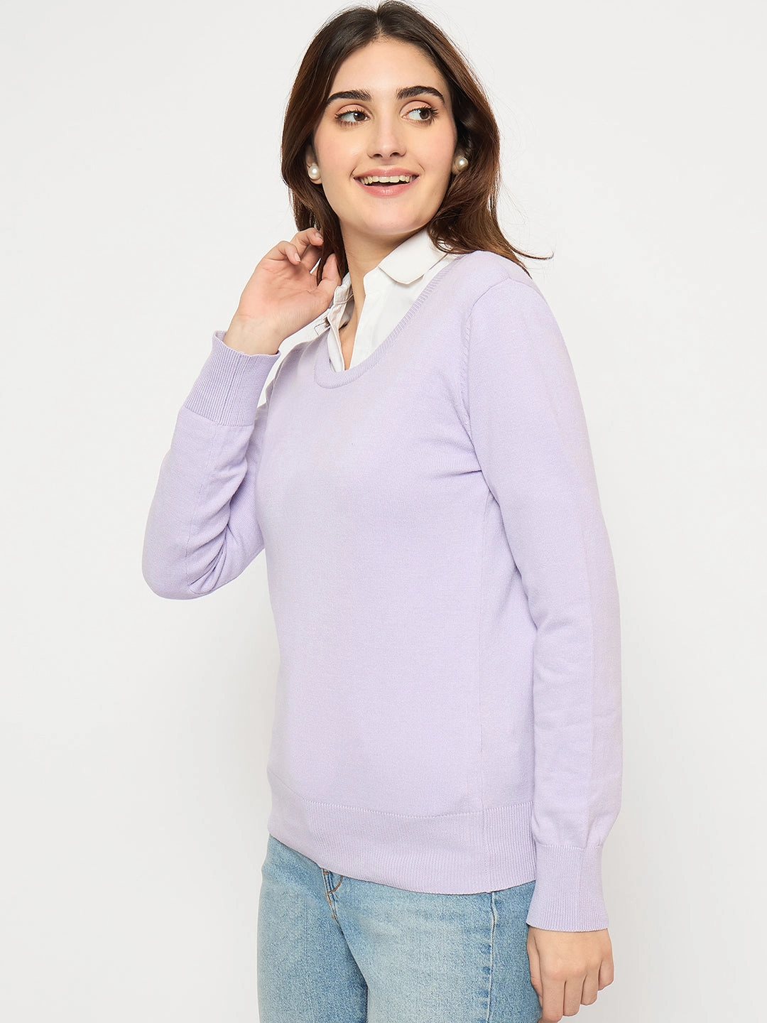 Madame Round Neck Ribbed Cuff Mauve Sweater Functional Layers Soft and Elegant