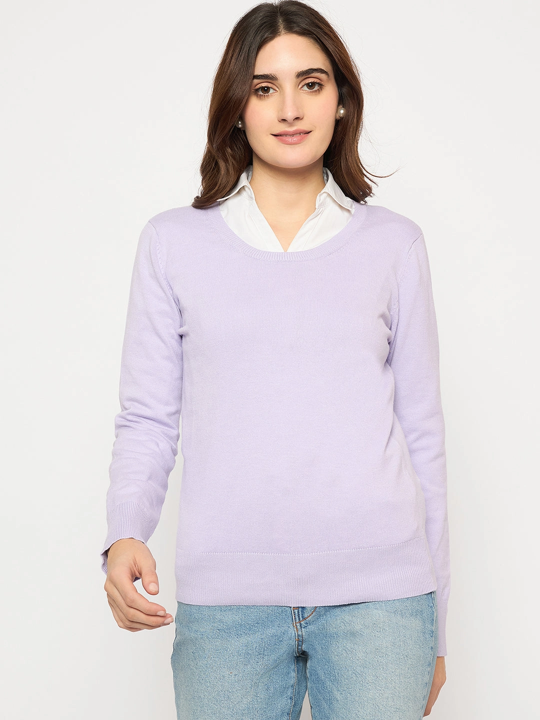 Madame Round Neck Ribbed Cuff Mauve Sweater Cozy Fitting