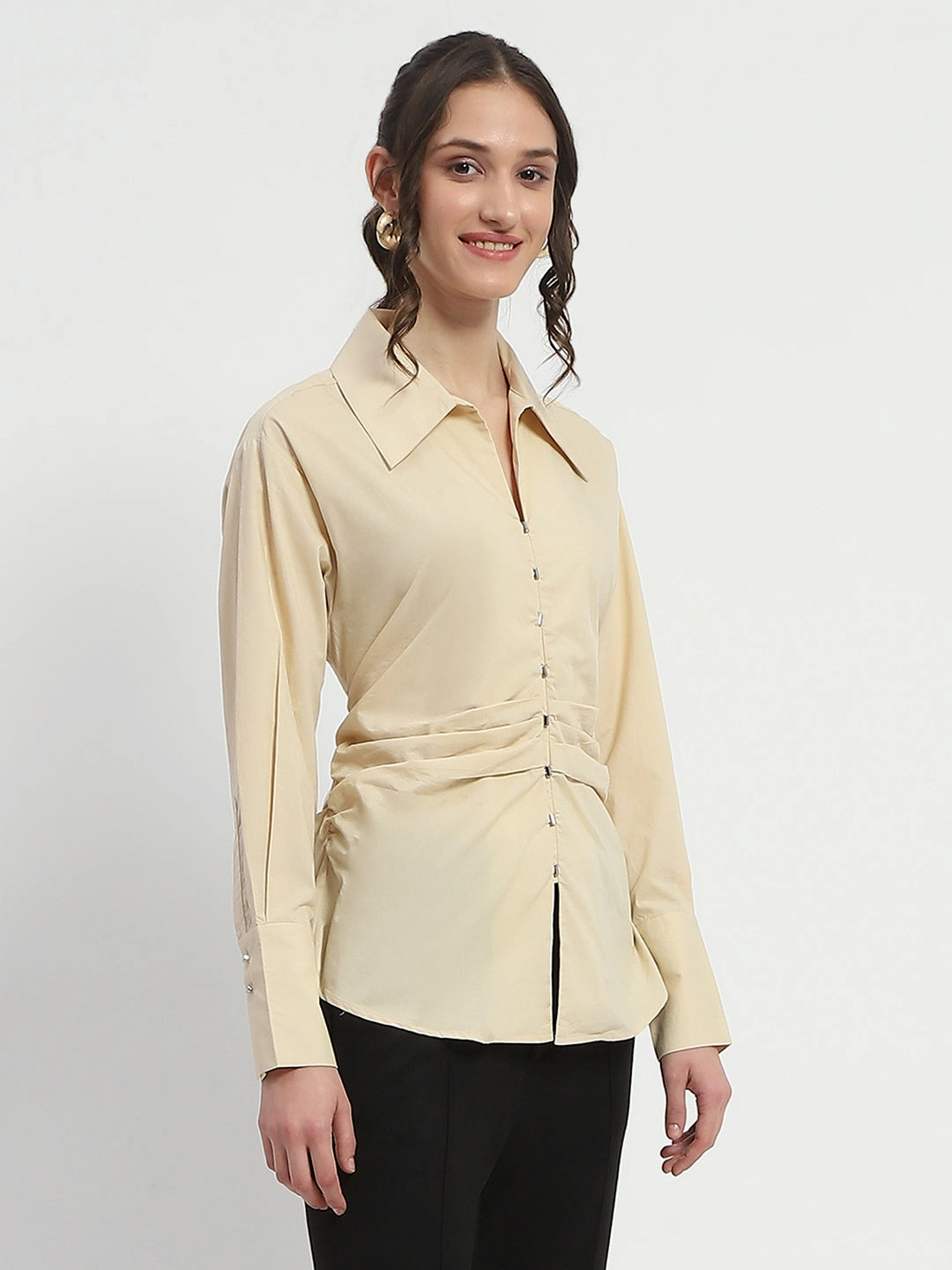 Student Essential Date night Madame Ruched Waist Wing Necked Solid Beige Cotton Shirt