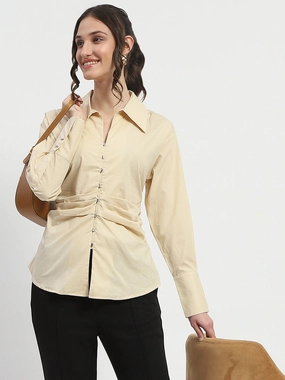 Anniversary Celebration Madame Ruched Waist Wing Necked Solid Beige Cotton Shirt