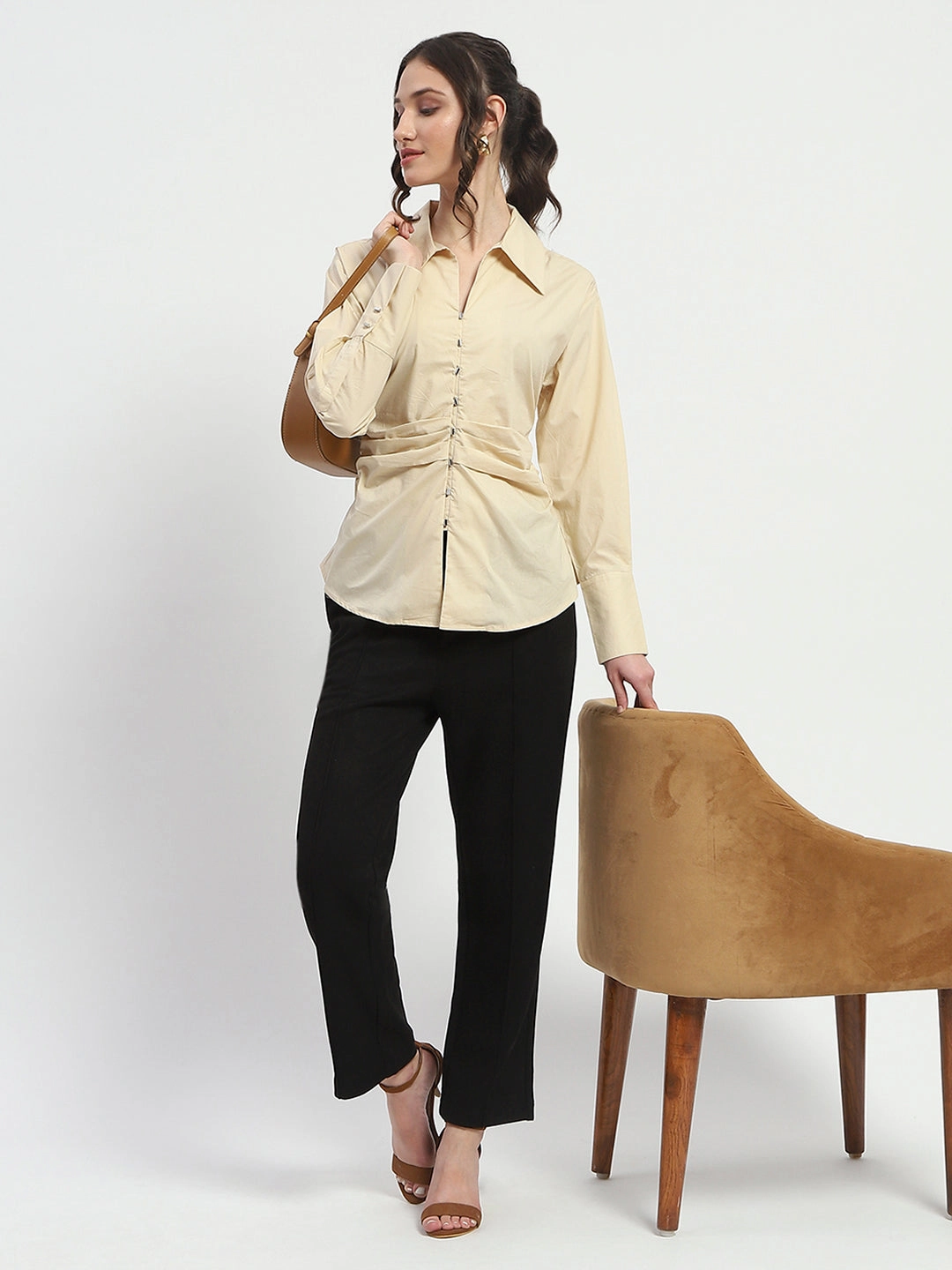 Madame Ruched Waist Wing Necked Solid Beige Cotton Shirt Soft Comfort