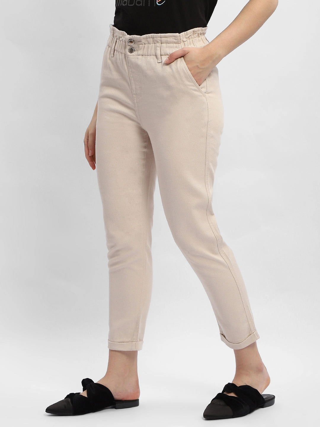 Madame Ruched Waistband White Trousers Anti Static Fabric RuggedDurability